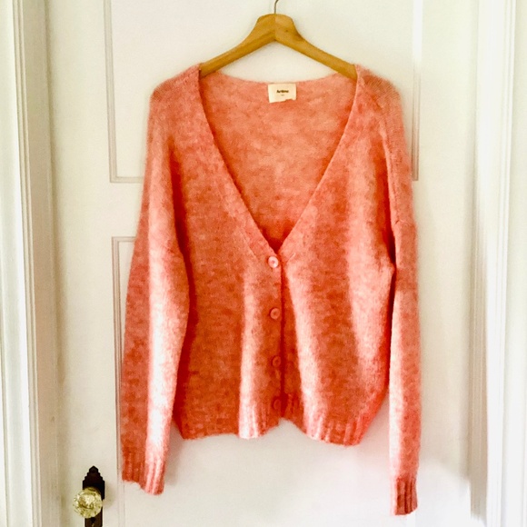 Artlove Paris Mohair Wool Blend V-neck Cardigan Pink Size L Oversized Relaxed - Picture 1 of 13
